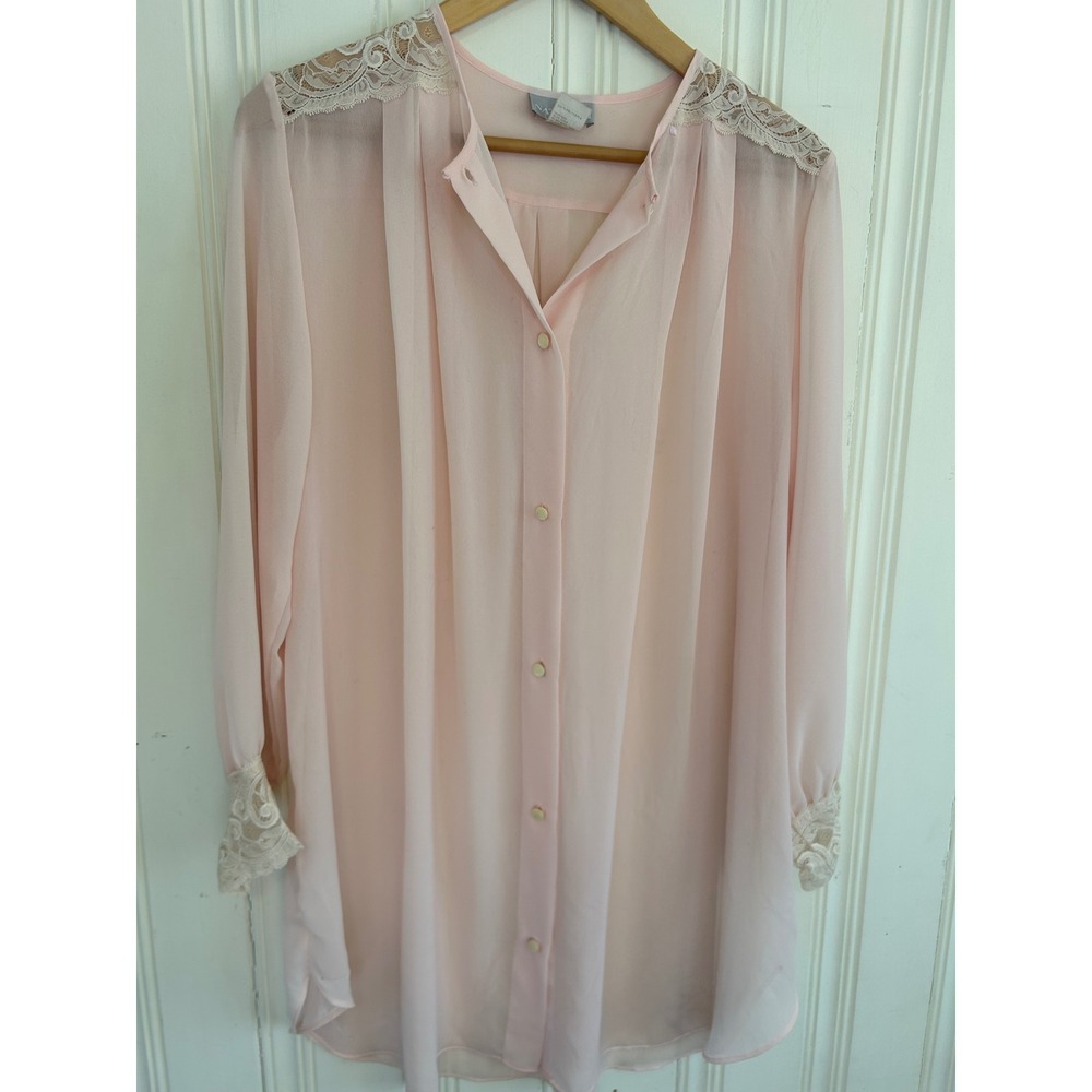 Vintage Natori II Pink Sheer Chiffon Lace Trim SM Chemise Nightgown Bridgerton